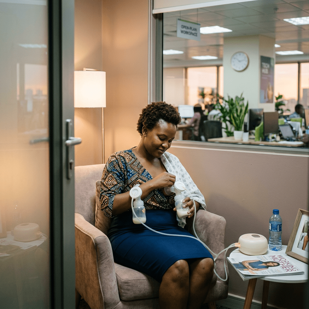 A woman using a breast pump while sitting in an office chair